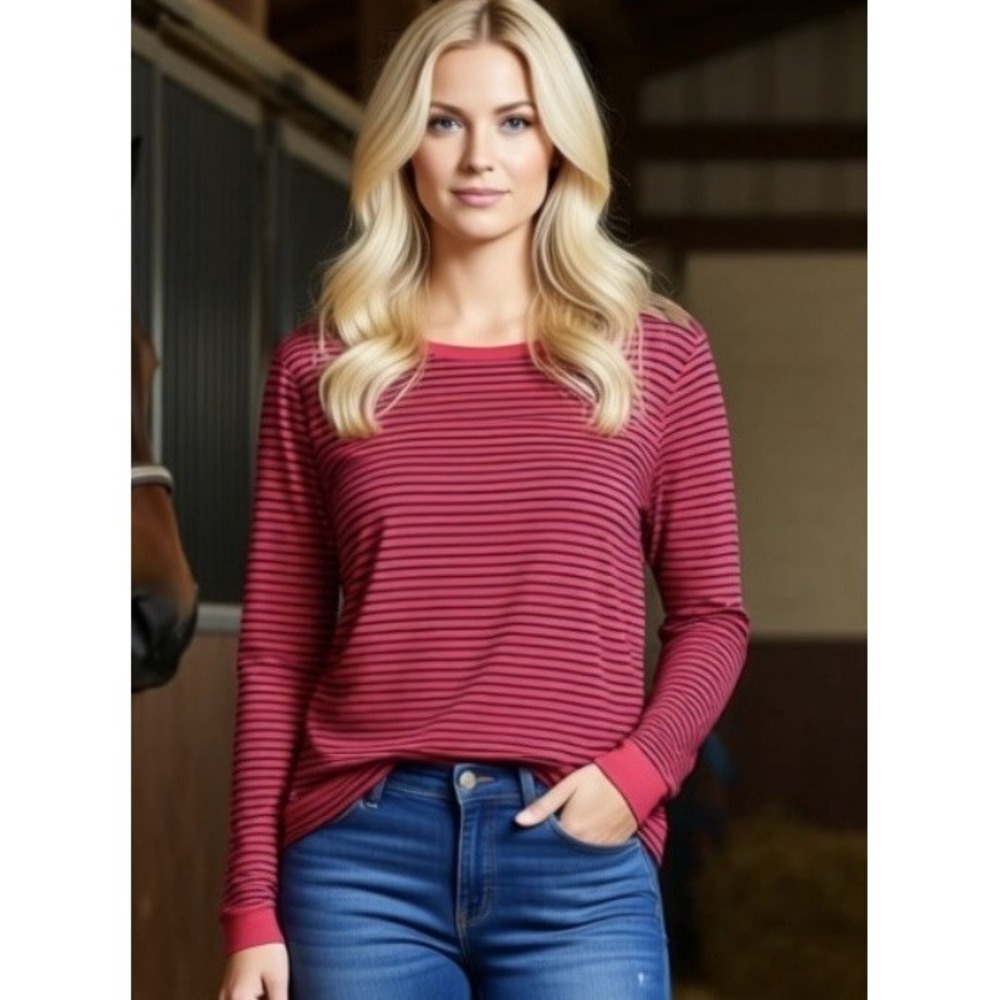 Lauren Ralph Lauren Striped Long Sleeve Top Red Navy Elbow Patch Shoulder Zip L
